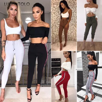 

Lugentolo Women Pants Casual Spring Autumn Stripe Tight Low Waist Lacing Ankle Length Fashion Sports Pocket Pencil Pants
