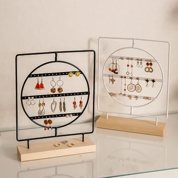 

50 Holes New Rotatable Jewelry Stand Black and White Color Iron with Wooden Craft Earring Holder Fashion Earrings Display Rack