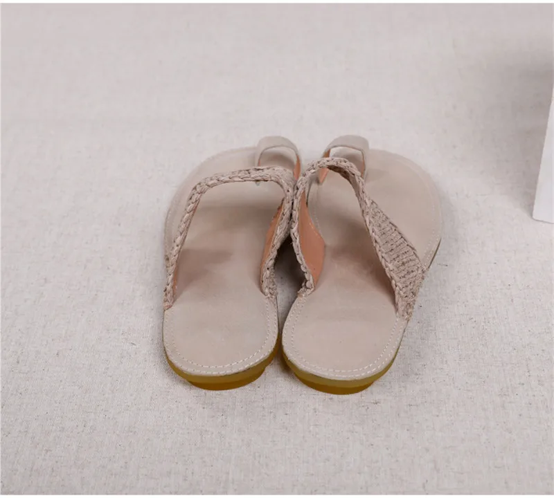 Original Summer 2020 New Clip Toe Flat Slippers Shoes Woman Vintage  Genuine Leather Slides Hand-Woven Ladies Flip Flops Sandals (8)