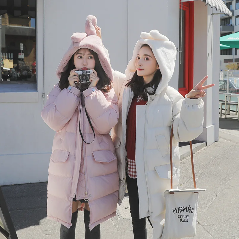 

CHIC Cotton Overcoat Women's Mid-length South Korea Winter down Coat Rabbit Eared Domesticated Hen Students down Jacket Cotton-p