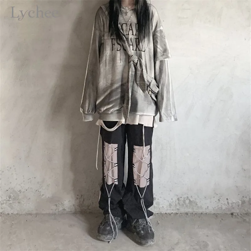Lychee Harajuku яркое женское спортивный костюм с дырками в стиле пэчворк Женский свитшот с принтом в виде надписи женские пуловеры толстовка