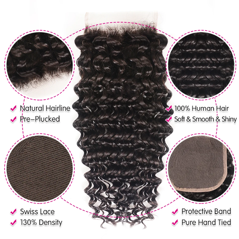 Перуанские глубокая волна пряди с закрытием 150% плотность remy натуральные кудрявые пучки волос с 4x4 5x5 6x6 Часть Кружева Закрытие предварительно выщипанные