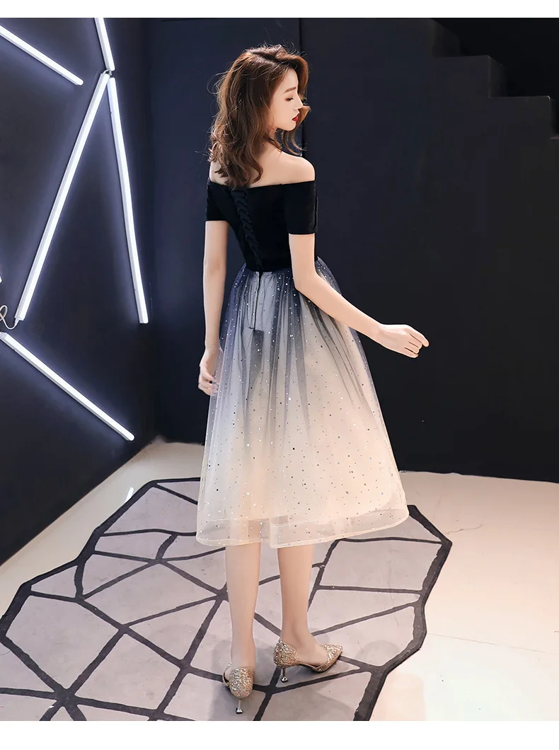 Banquet Evening Dress 2020 New Fashion Off the Shoulder Short Sleeve Gradient Prom Party Dress Sequins Tea Length green evening dress