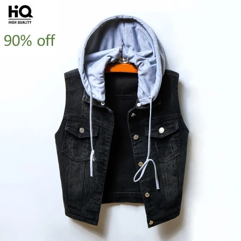 

Denim Vest Women Short Hooded Detachable Slim Sleeveless Jacket High Street Single Breasted Fashion Black Waistcoat Plus Size