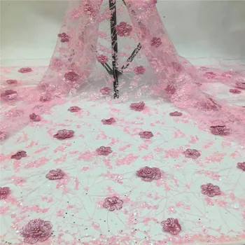 

African Lace Fabric 2019 High Quality 3D Lace Onion Color French Tulle Lace Fabrics With Beaded For African Parties