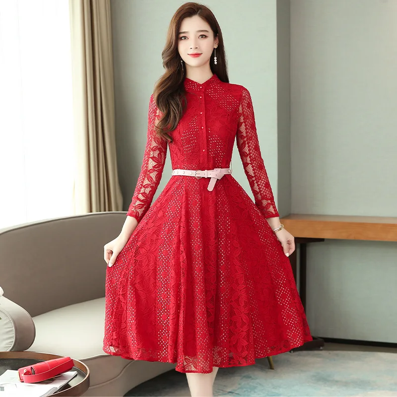

Lace Dress Popular WOMEN'S Dress 2019-New Style Elegant Waist Hugging Slimming Autumn Long Sleeve Base Skirt
