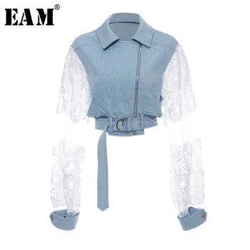 

[EAM] Loose Fit Lace Split Joint Blue Denim Jacket New Lapel Long Sleeve Women Coat Fashion Tide Spring Autumn 2020 1D638