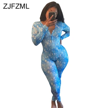 

Christmas Print Sexy Bodycon Jumpsuit Women V-Neck Single-Breasted Bandage Romper 2019 Fall Winter Elegant Long Sleeve Bodysuit
