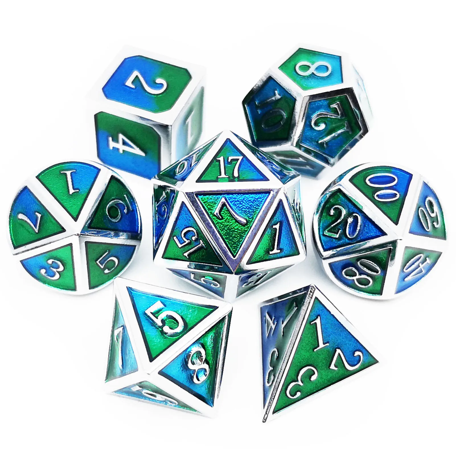 Haxtec Metal DND Dice Set Silver Green Blue Polyhedral RPG Dice for D&D Pathfinder TTRPG