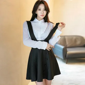 

Autumn Women OL White Ruffles Blouse Shirt Strap Pleated Striped Vestidos Two Piece Cute Suit Dress