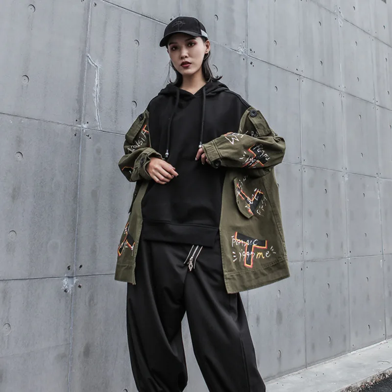 

[EWQ] 2019 Spring Autumn New Pattern Hooded Collar Long Sleeve Hit Colors Pullovers Loose Vintage Sweatshirt Women AH27109