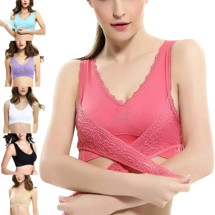 1 Pcs Front Cross Side Buckle Wireless Lace Bra Breathable for Women Sport Yoga FOU99