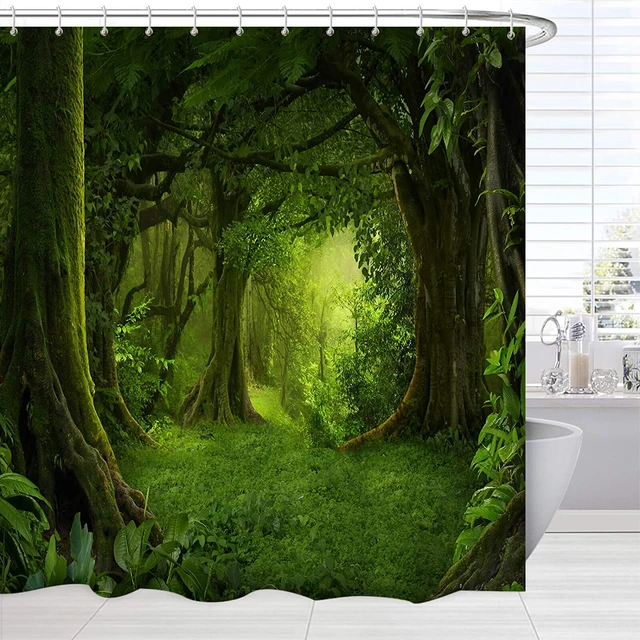 Jungle Shower Curtain Fabric Summer Tropical Lush Trees Forest