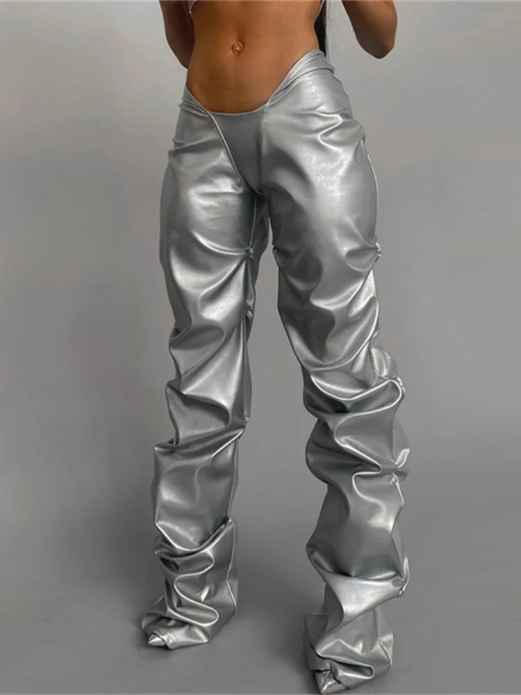 Sexy PU Faux Leather Pants Black Silver 