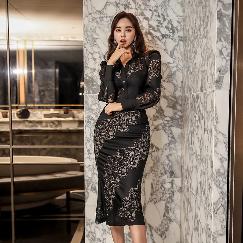 Spring Streetwear Modis OL Work Office Two Piece Set Women Black Lace Patchwork Blouse and Empire Midi Skirt Ladies 2 Piece Set