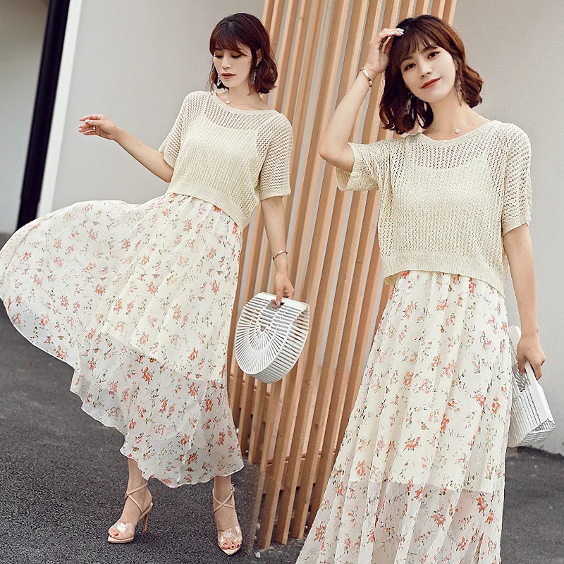 

Summer Strapped Dress Two-Piece Set Yarn Sweet Chiffon Hollow out Lace Elegant Versitile Fashion Floral Skirt Children