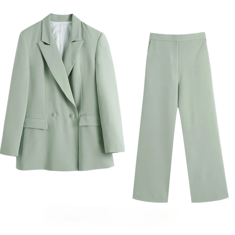 2021 spring blazer + pant two peice set women double breasted suit jacket high waist pants 1