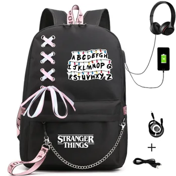 

Stranger Things Backpacks Women Men Student USB Charge Canvas Backpack Letters Print School Bag Teenager Girls Ribbons Mochila