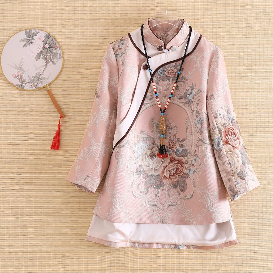 

Embro Mill autumn Women jacket top Chinese Style Retro Jacquard 3/4 sleeve elegant Loose lady coat female S-2XL