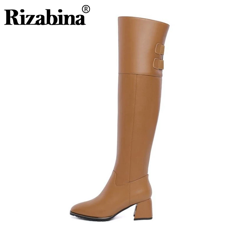 RIZABINA Real Leather Long Boots Woman Over Knee Boots Zipper Solid
Color High Heel Shoes Winter Warm Women Footwear Size 34-43