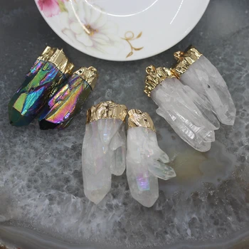 

5Pcs/Lot,Large Titanium Raw Crystal Point Cluster Pendant,Plated Gold Caps Healing Reiki Crystal Mineral Quartz Necklace Charms