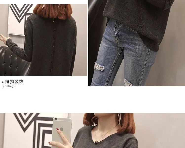 XL-XXXL размера плюс женский трикотаж осень v-образный вырез длинный рукав сзади с однобортным разрезом Свободный Повседневный вязаный свитер