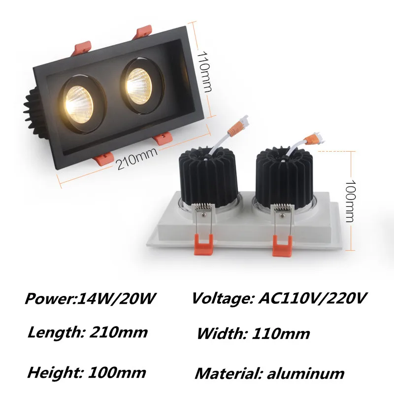 Квадратный Встраиваемый светодиодный светильник с регулируемой яркостью AC110V/220 V 14W 20W COB светодиодный потолочный светильник Теплый/холодный белый Светодиодный прожектор освещение внутреннее освещение