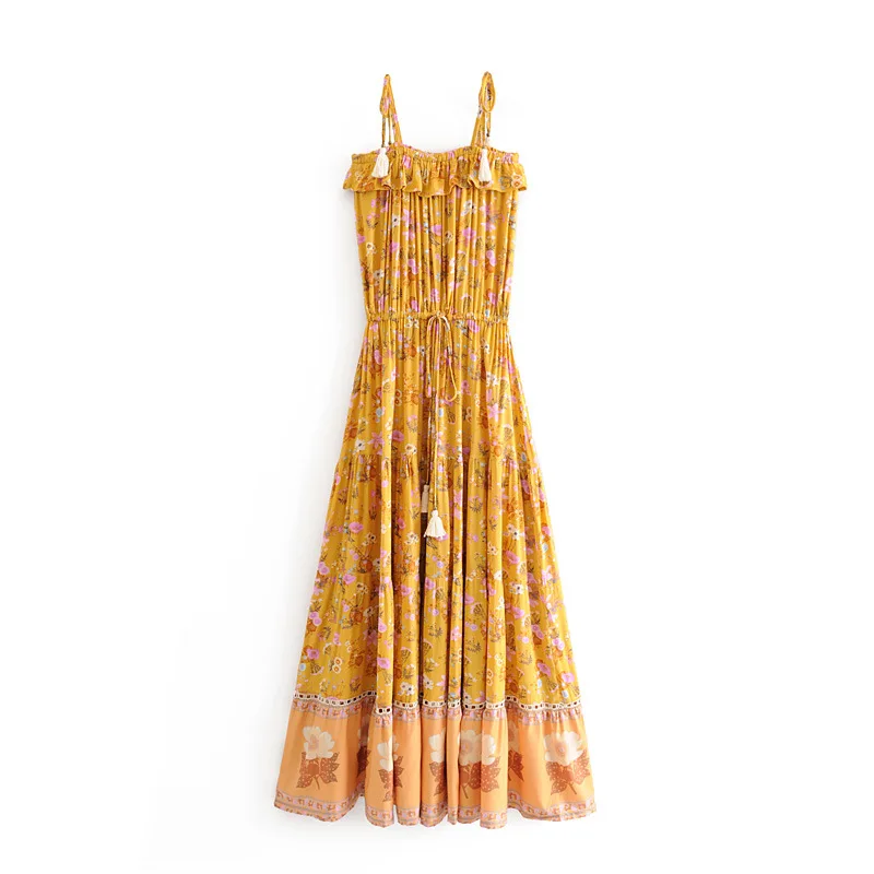 

2019 Summer Europe And America WOMEN'S Dress New Style Positioning Cotton Printed Tassels Strapped Dress 6061