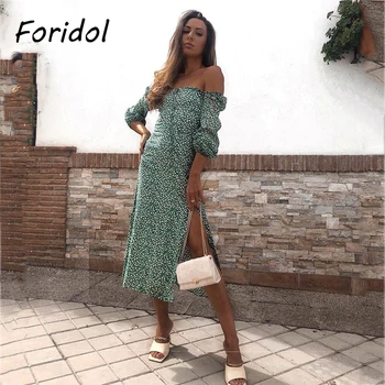 Spring Vintage Long Sleeve Green Floral Dress Women Autumn Winter Slit Long Maxi Dress 2020