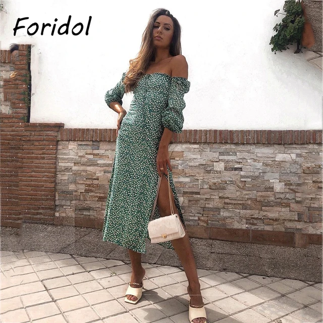 Spring Vintage Long Sleeve Green Floral Dress Women Autumn Winter Slit Long Maxi Dress 2020 Leaf