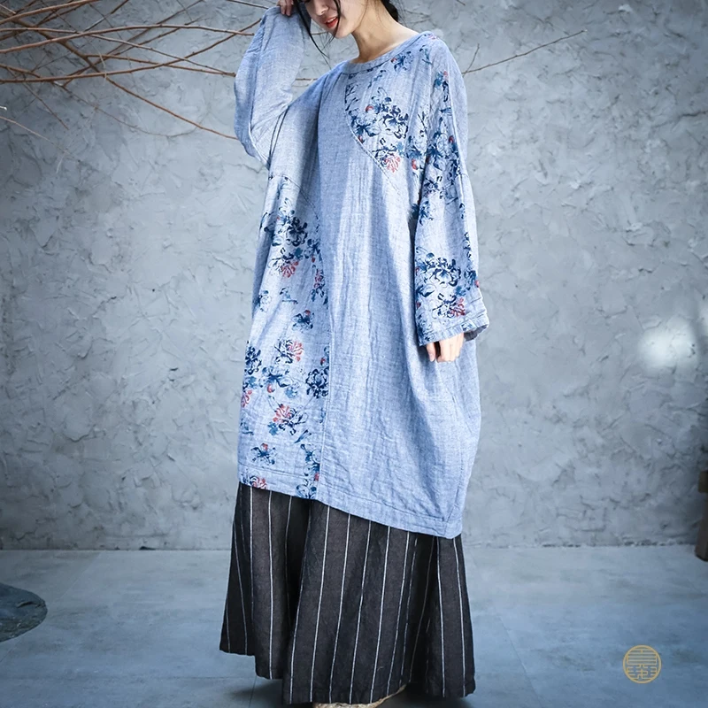 Johnature Autumn Retro Fashion Patchwork Floral Print O-neck Plus Size Dresses New Cotton Linen Long Sleeve Women Dress