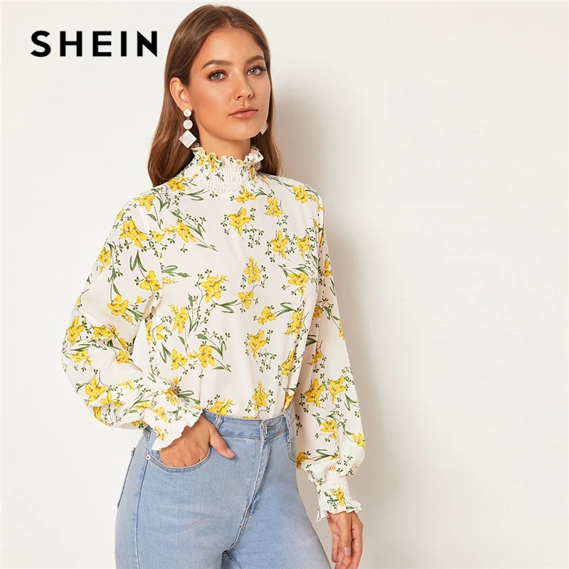 SHEIN/белая блузка с цветочным принтом и оборка, с вырезом на спине, топ, Женская весенне-осенняя Повседневная блуза с длинным рукавом с принтом «Бишоп», abaya