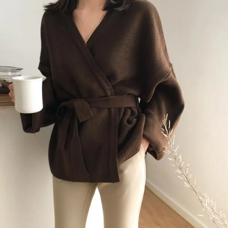 

Autumn Winter V Neck Solid Loose Casual Sweater Lace Up Belt Cardigan Long Sleeve Plus Size Sweater