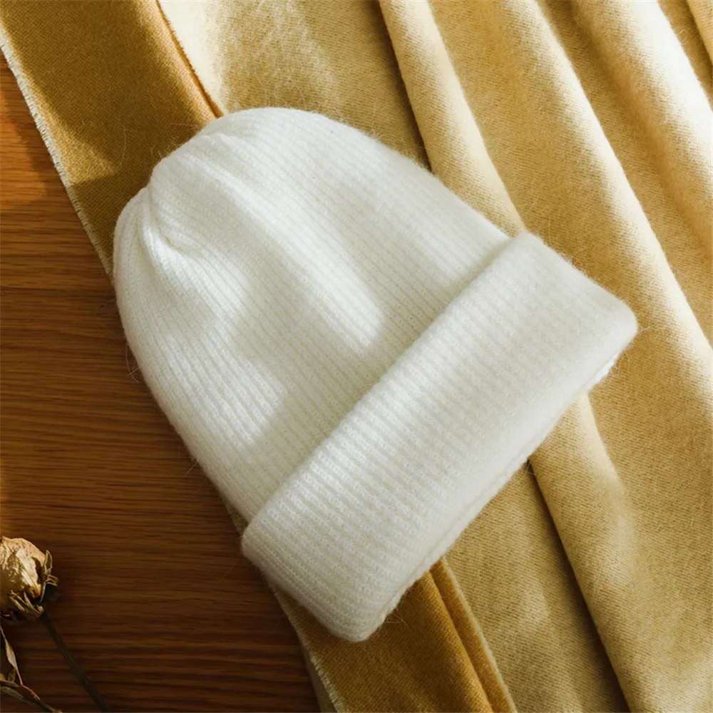 White Женские шапки из кроличьей шерсти, зимние шапки для женщин, Теплые повседневные осенние вязаные шапки-бини, шапка, осенняя женская шапка, мягкий шерстяной берет - Цвет: White