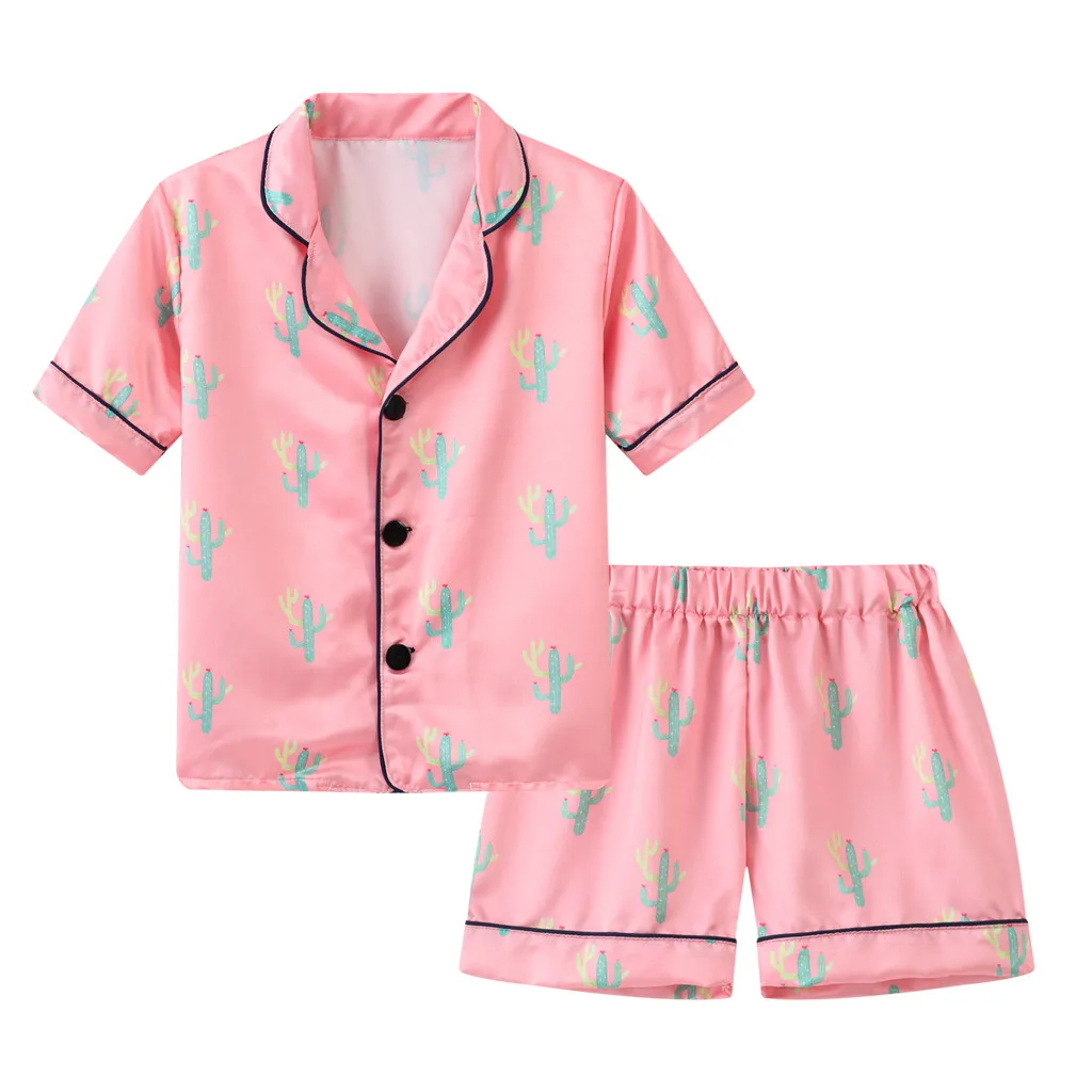 

(1-6T) Children's short-sleeved summer pajamas home service cactus print T-shirt shorts suit summer home print T-shirt shorts S4