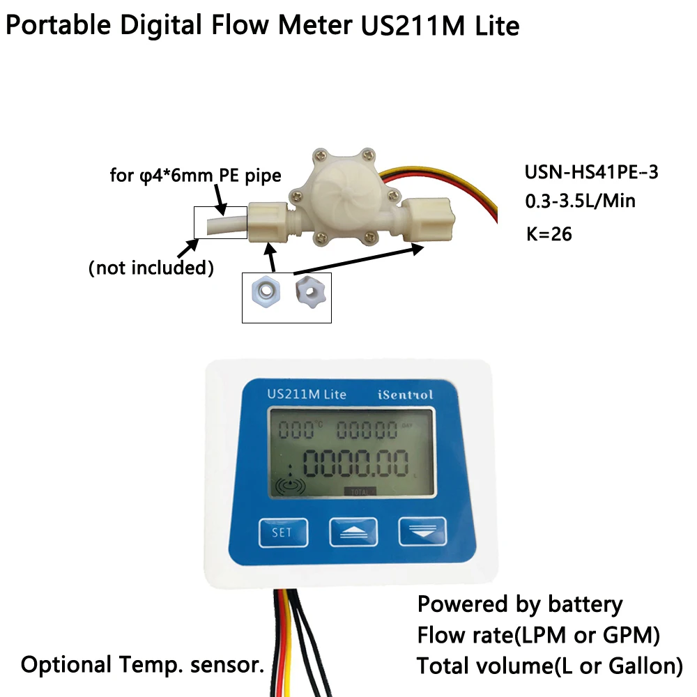 

US211M Lite Digital Flowmeter and USN-HS41PE-3 0.3-3.5LPM Hall Effect Flow Sensor Total Volume and Flow Rate Display