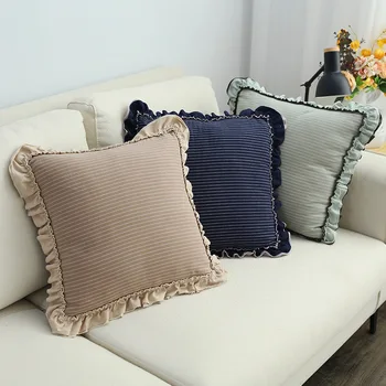

Pillow Cover Cushion Covers Cotton Sand Washed Ruffle Lace Pastoral Stripe British Style Sweet Sofa Waist Pillow Cushion