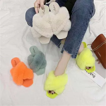 

Women Summer Cute Plush Slippers Fashionable Comfortable Flat Plush Slippers Outdoor Non-slip Slides Girl Party Flip Flops