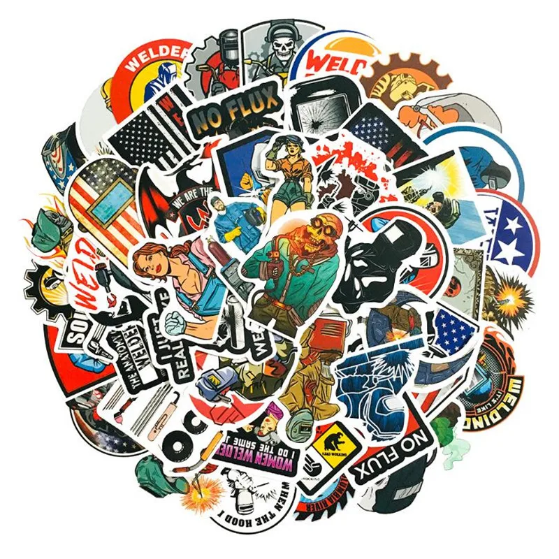 10/30/50PCS Hip Hop Punk Toolbox Car Phone Helmet Skull Welding Construction Hard Hat Wall Sticker Toy Wholesale