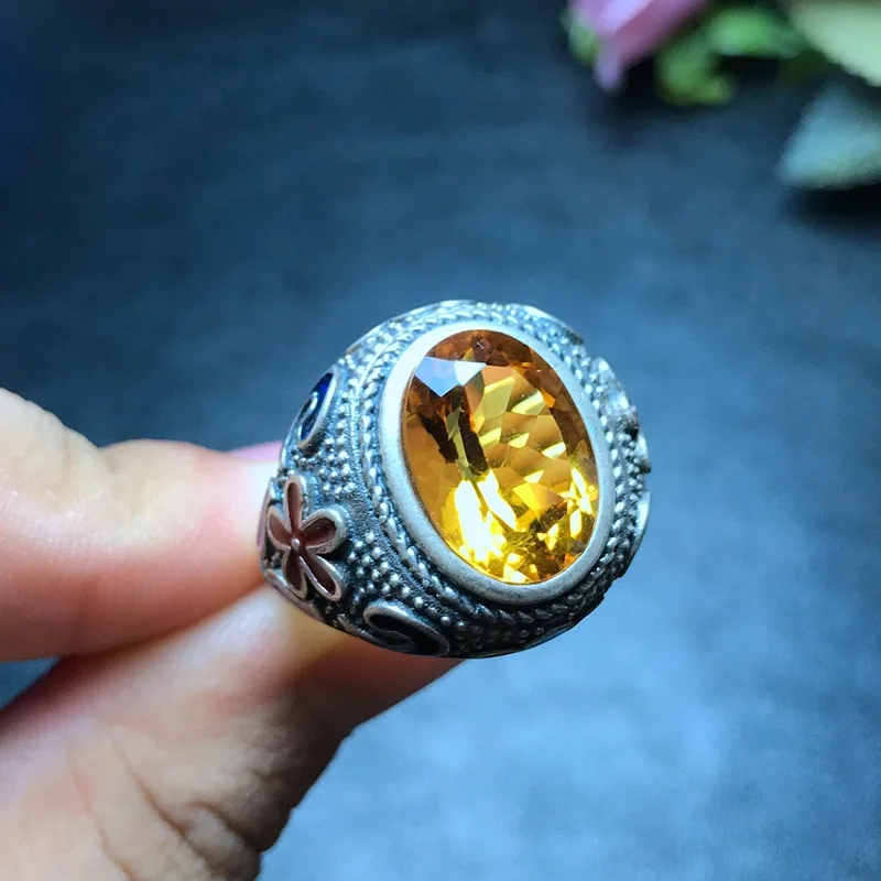 

new natural citrine Ring party anniversary 925 Sterling Silver ring big size Certified Oval Gemstone flower Jewelry adjustable