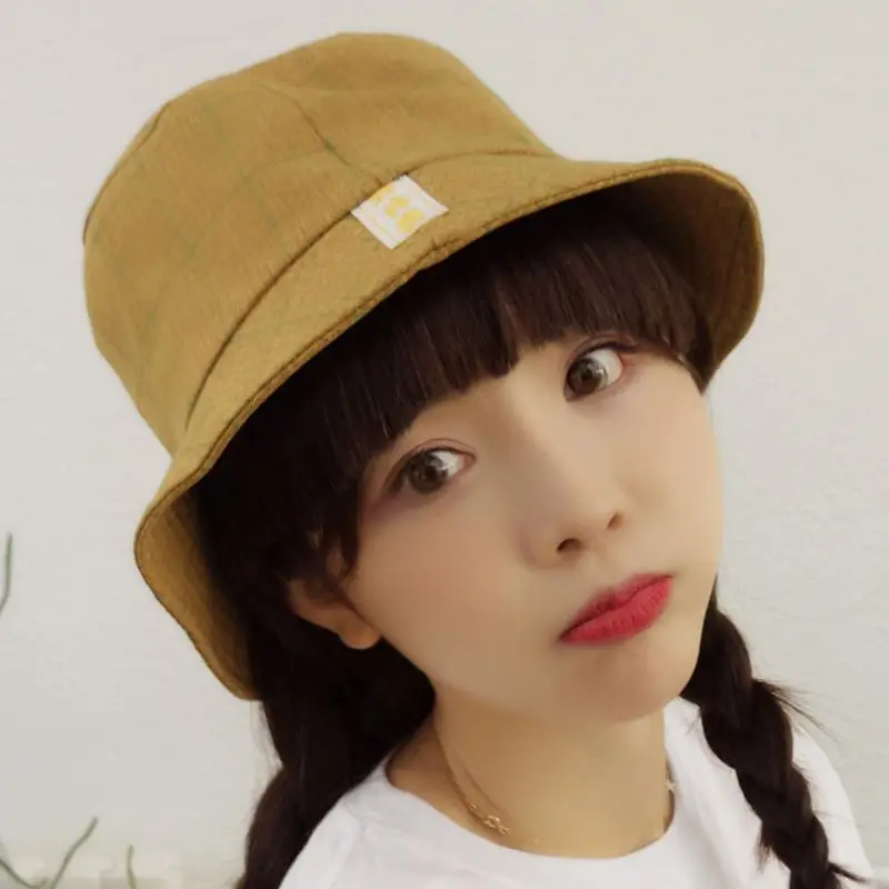 Harajuku Панама женская уличная пляжная шляпа от солнца синяя Розовая Желтая 3 цвета Классическая клетчатая Рыбацкая шляпа