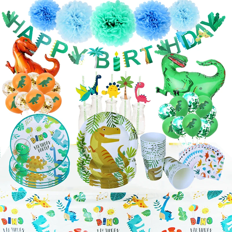 Dinosaur Party Set Jungle Safari Cups Napkins Plates Roar Balon One 1st Birthday Dino Baloon Happy Decor Kids Boys | Дом и сад