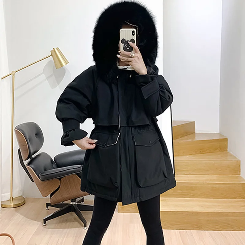 

Real Natural Fox Fur Collar 2019 Winter Down Jacket Women White Duck Down Hooded Loose Down Parkas Female Thick Warm Snow Coat