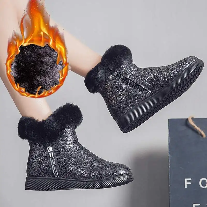 Winter New Women's Boots Sequins Snow Boots Women's Warm Thick Bottom Boots Plus Velvet Cotton Shoes Large Size Women's Shoes