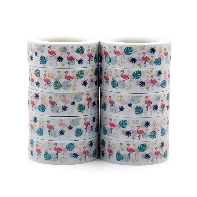 

New 10pcs/set 15MM*10M Red Flamingo Green Leaves Washi Tape Kawaii Scrapbooking Tools Masking Tape Christmas Photo Album Tapes