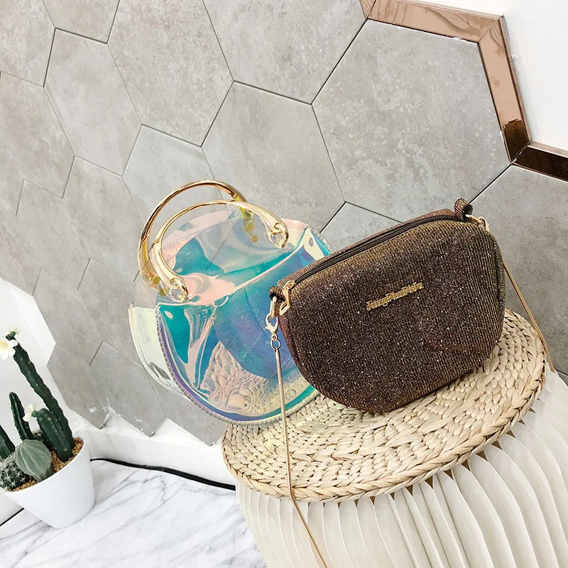 

Transparent Bag Women's 2018 New Style INS Super Fire Laser Different Size Bags Pu Circle Shoulder Bag Processing