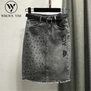 

Letter Embroidery Denim Skirt Women 2020 New Rhinestone High waist Mid length Jeans Skirt Female Street Casual Pack hip Skirts