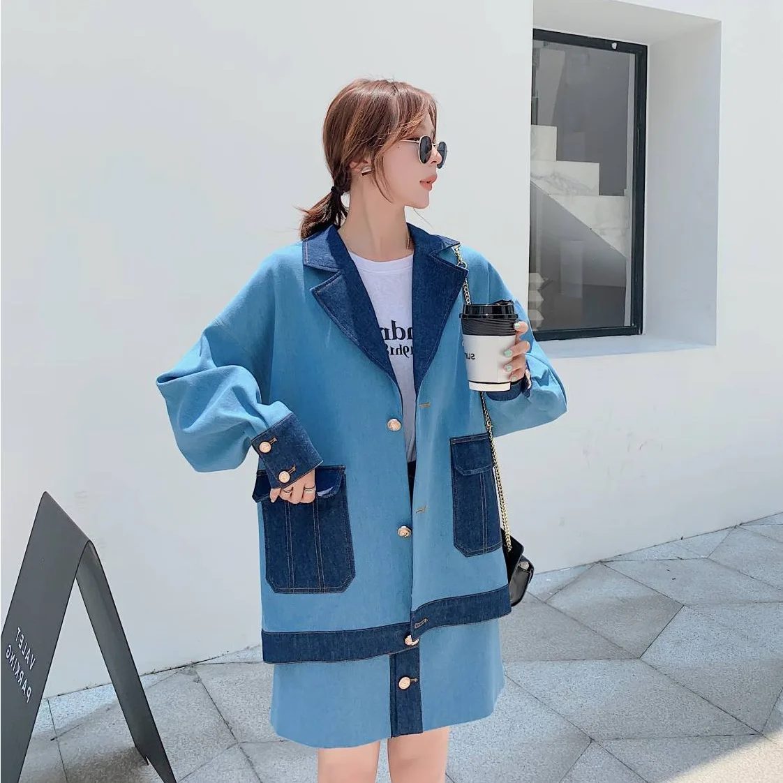 

Photo Shoot Main Push INS Denim Blue Mid-length Contrast Color Suit Collar Single Breasted Small Suit A- line Skirt WOMEN'S Suit