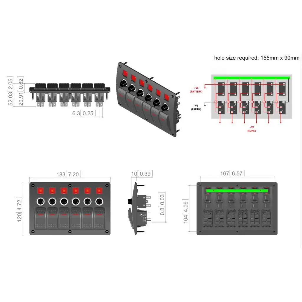 6 Gang LED Rocker Switch Panel Circuit Breaker Waterproof 24/12V Car Marine