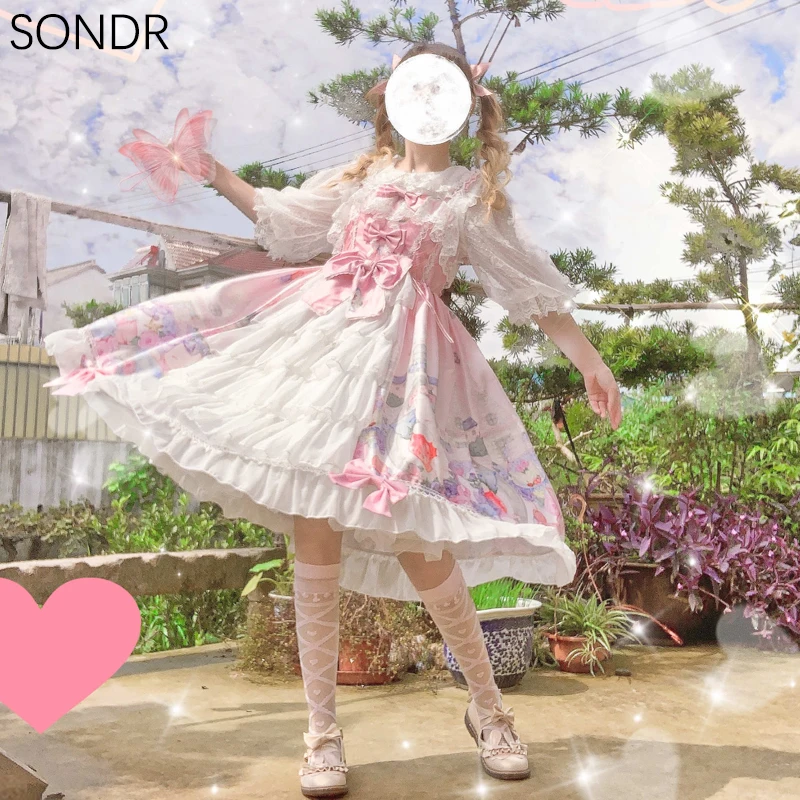 

Sweet Lolita Dress Girls Lolita Cute Castle Cat Tea Sleeveless Strap Dress Women Vintage Ruffles Pink Kawaii Jsk Lolita Costume